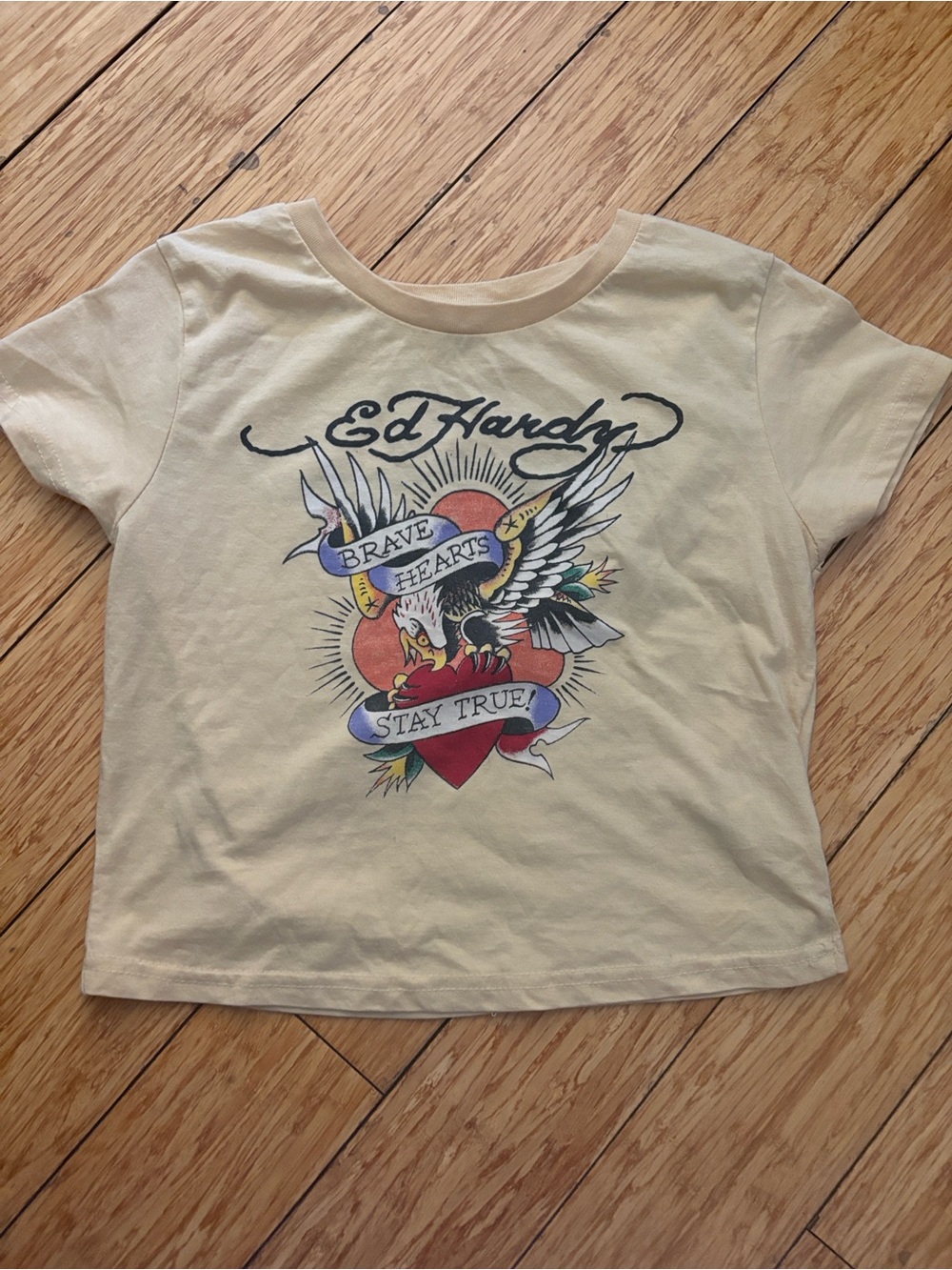 Ed Hardy Cream Graphic Tee with Red Heart and Blue Banner